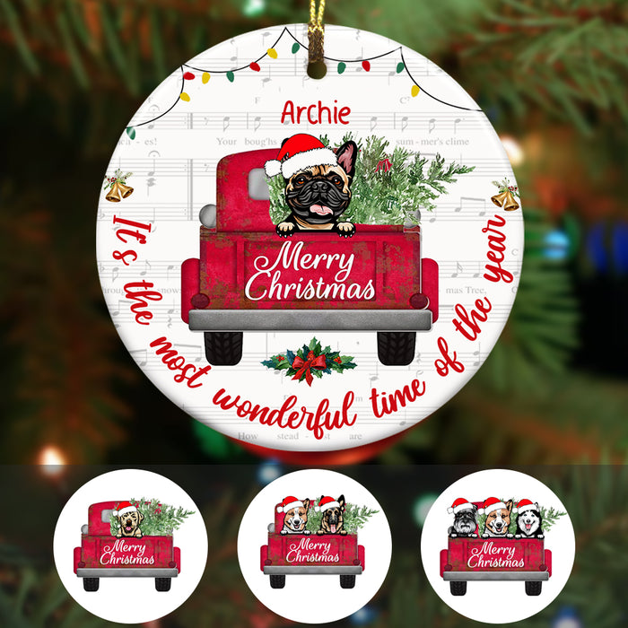 Personalized Dog  Red Truck Christmas The Most Wonderful Time  Ornament OB22 87O34 1