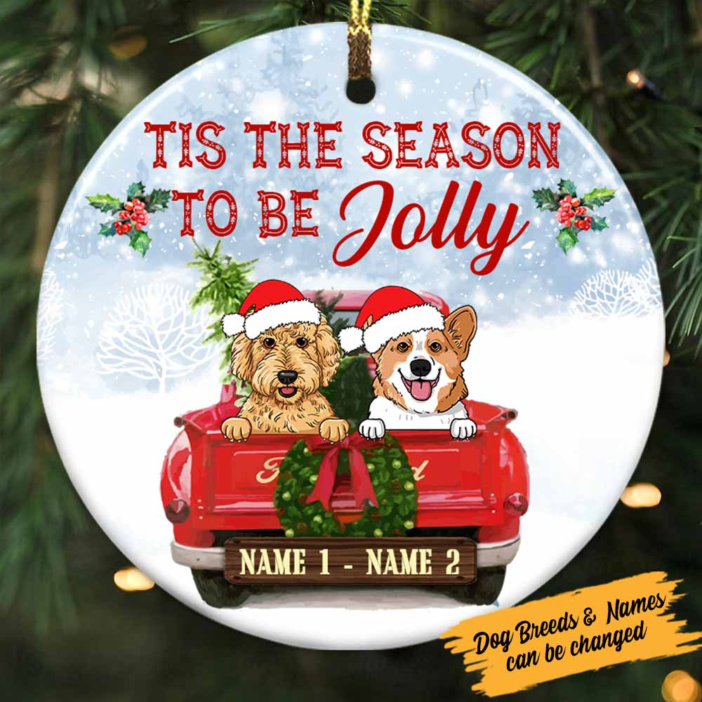 Personalized Dog Red Truck Jolly Christmas Circle Ornament OB121 87O58