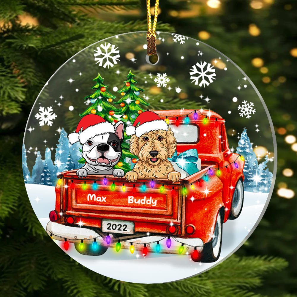 Personalized Dog Lover Red Truck Christmas Snow Circle Ornament OB121 58O34 Primary Mockup