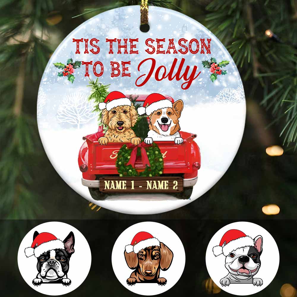 Personalized Dog Red Truck Jolly Christmas Circle Ornament OB121 87O58