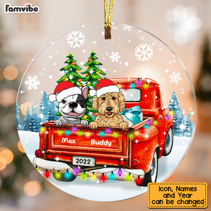Personalized Dog Lover Red Truck Christmas Snow Circle Ornament OB121 58O34 1