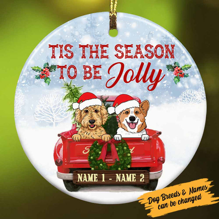 Personalized Dog Red Truck Jolly Christmas Circle Ornament OB121 87O58 1